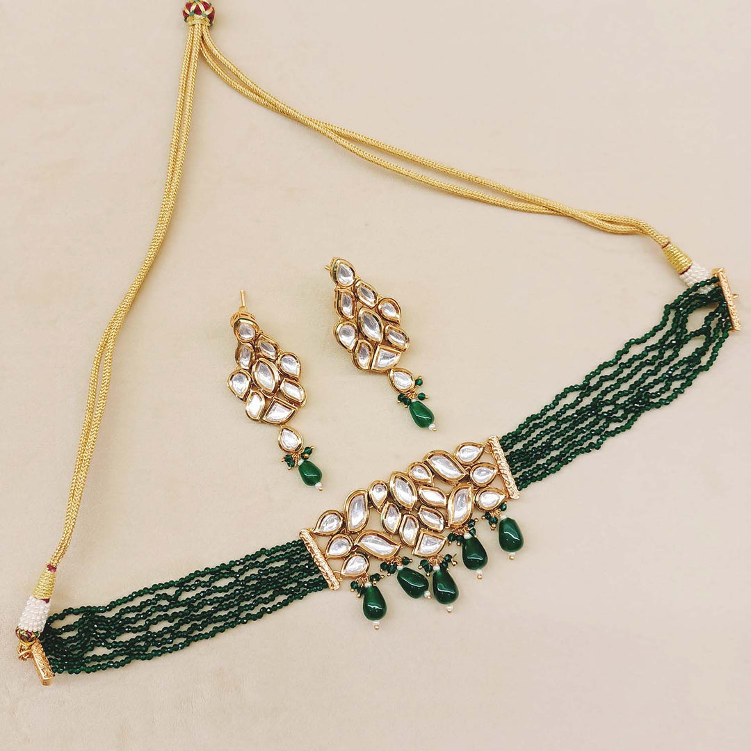 Stunning Kundan Choker with Green Beads and Drop Shape Green Hangings