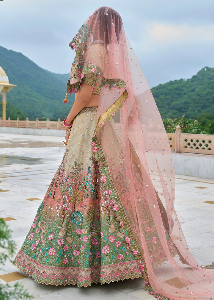 Pista Green and peach Viscose Tissue Lehenga Choli with Embroidery Work : Top Pick | Ready To Wear - qivii