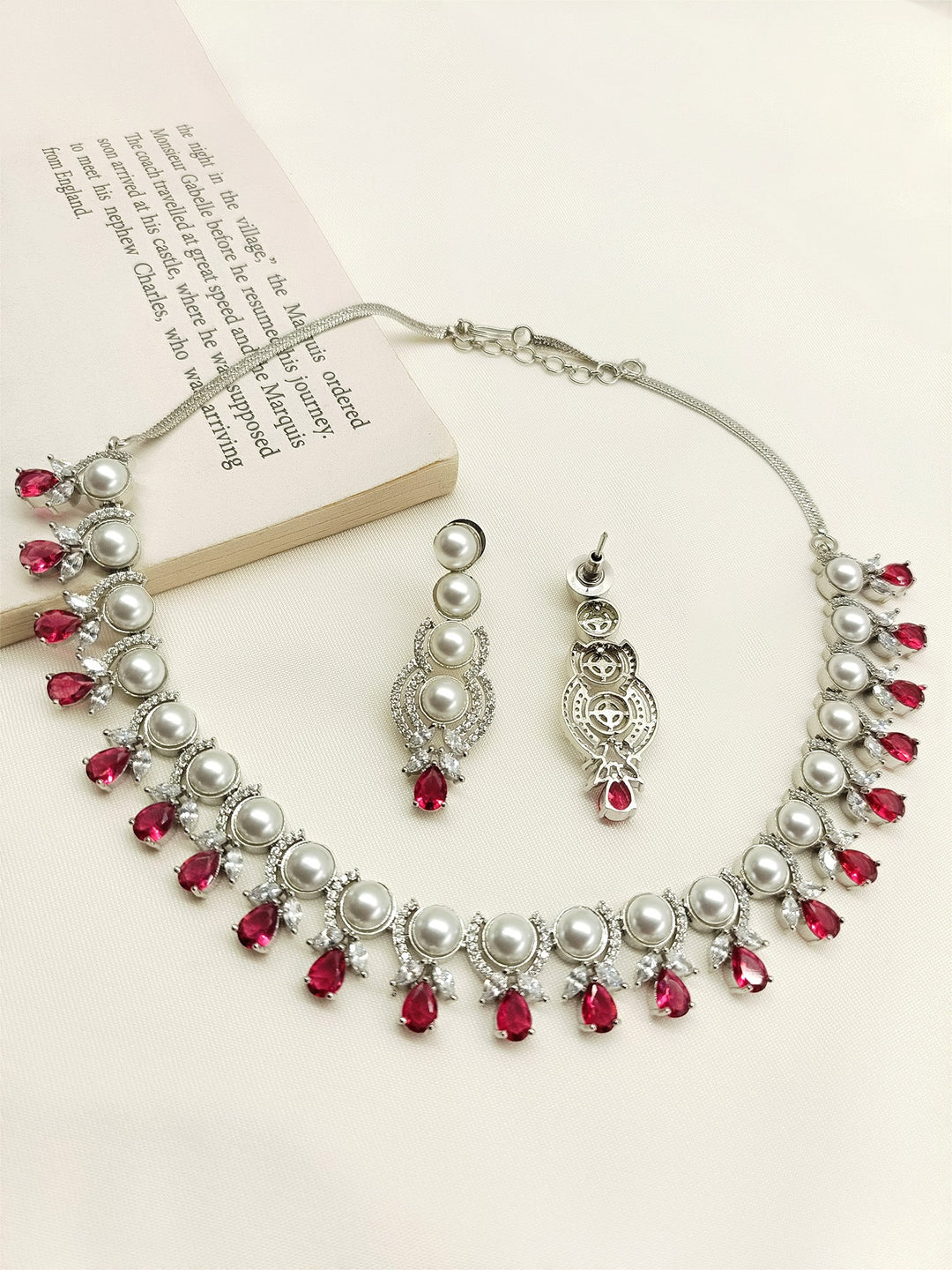 Leena Rose Pink American Diamond Necklace Set - qivii