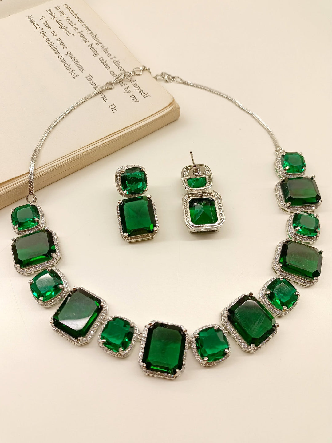 Gorgeous Echo Green American Diamond Necklace Set adorned with dazzling American Diamond stones and silver plated brass metal, a must-have for any jewelry collection 