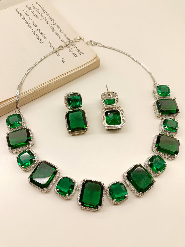 Gorgeous Echo Green American Diamond Necklace Set adorned with dazzling American Diamond stones and silver plated brass metal, a must-have for any jewelry collection 