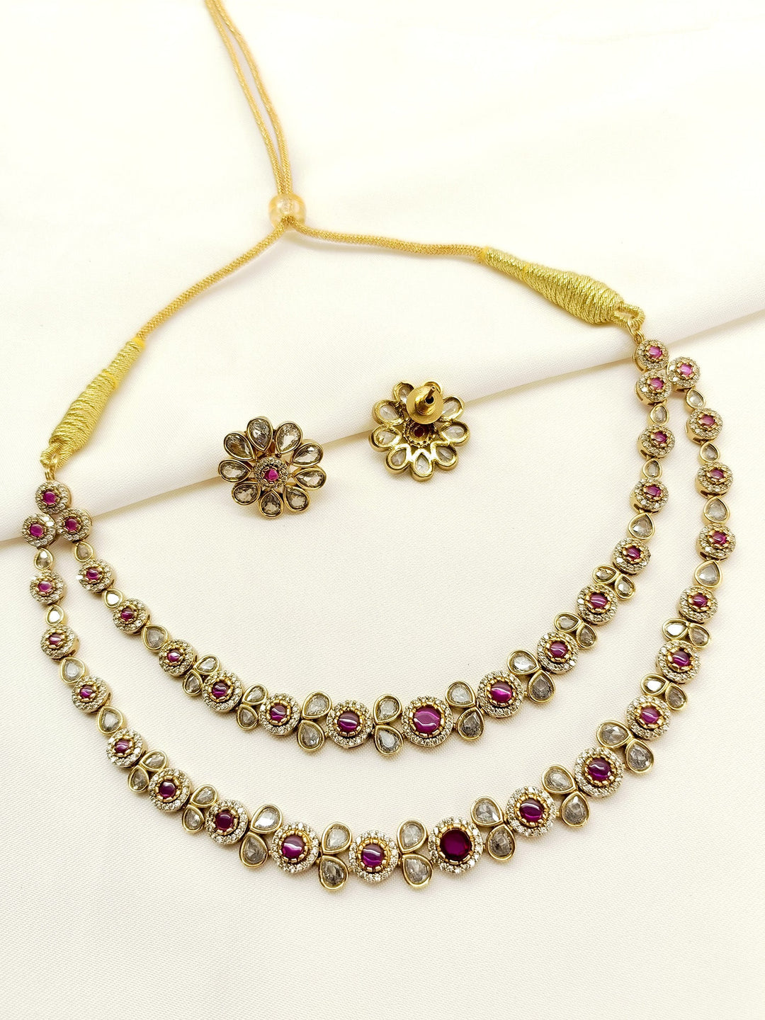 Laina Ruby Double layered Polki Necklace Set - qivii