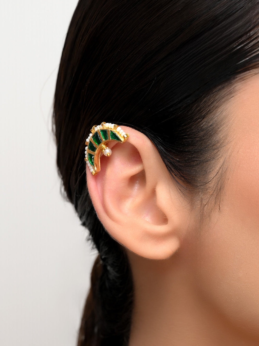Bhavya Big Green Gold Plated Kundan Ear Cuff [ Price is for Pair ] - qivii