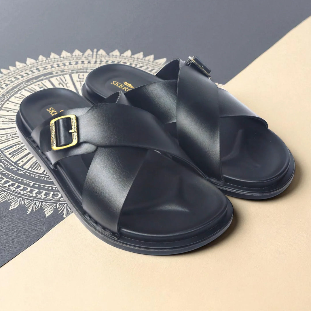 SKEROO 6408 Men's BLACK Chappal/Flip flop/Slipper Extra Soft Chappal Slipper Ethnic Wear Leather With Adjustable Buckle Strap Navratri Fashion Footwear. - qivii