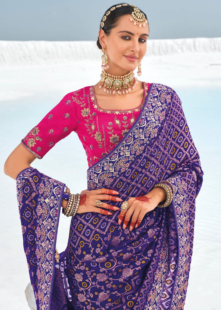 Indigo Blue Pure Georgette Bandhani Patola With Zari Weaving Heavy Work Saree - qivii