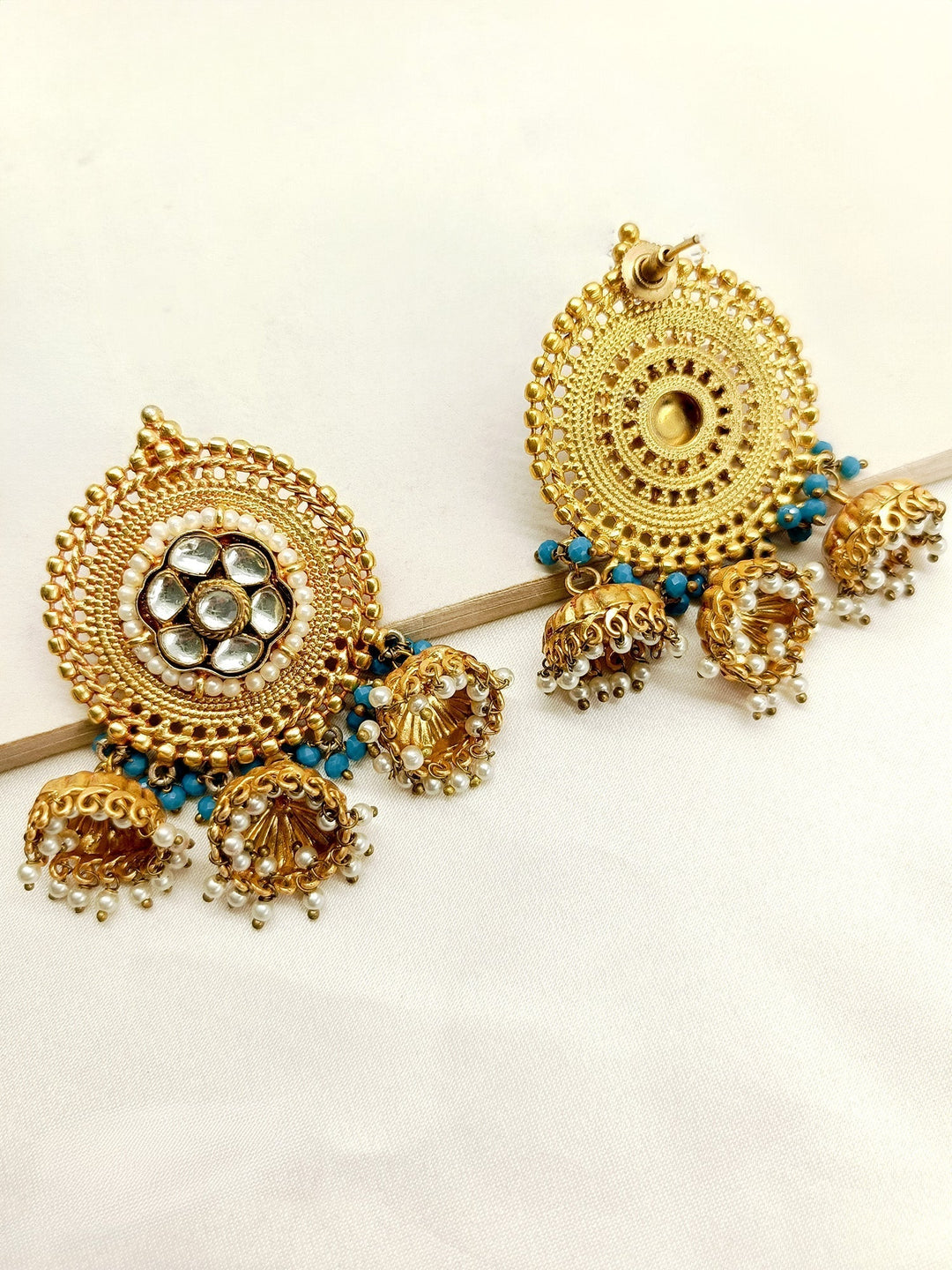  Traditional Gold Carving Sky Blue Jhumkas with Pearls Hangings