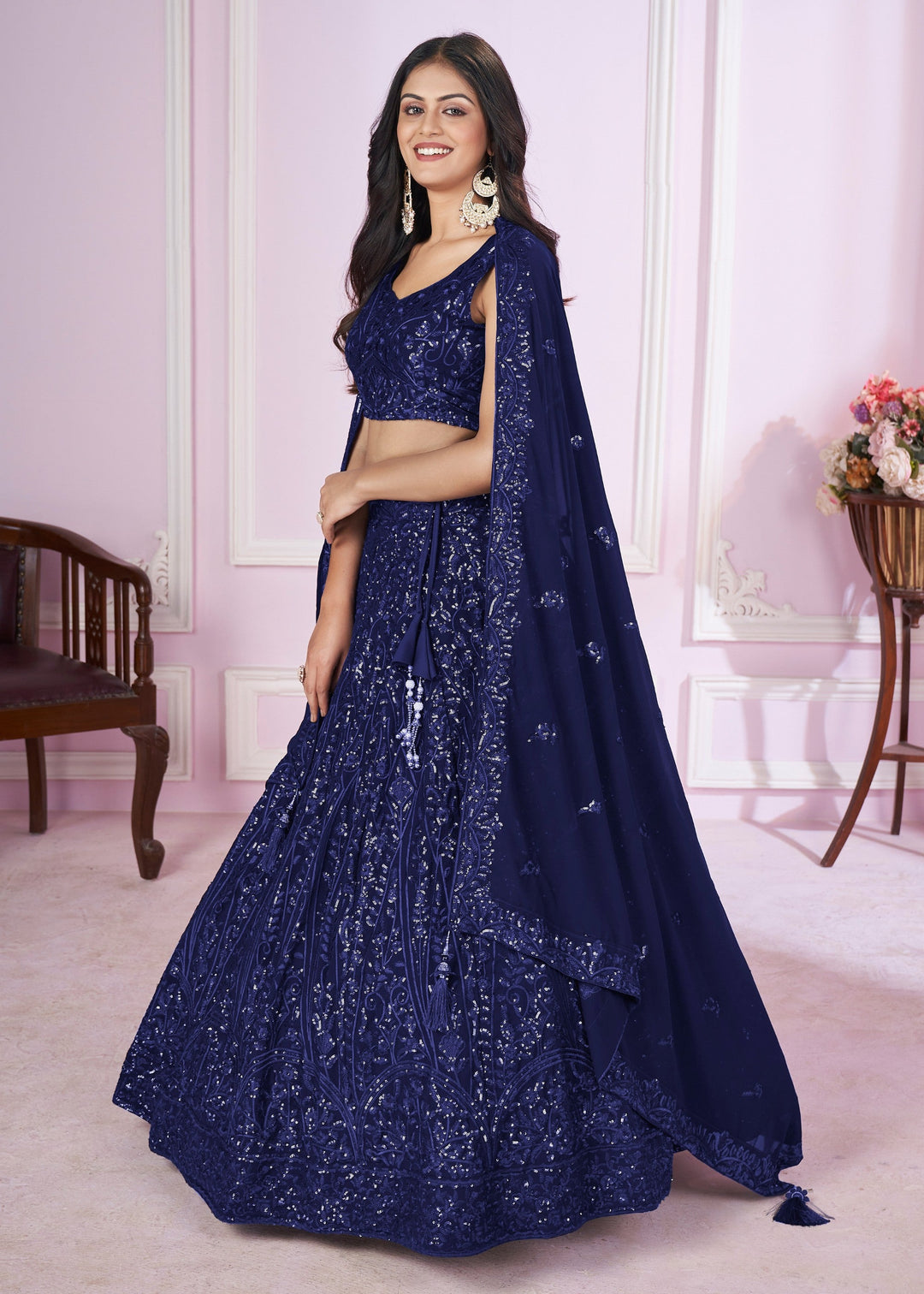 Dark Blue Georgette Lehenga Choli With Sequins And Thread Embroidery Work | Ready To Wear - qivii
