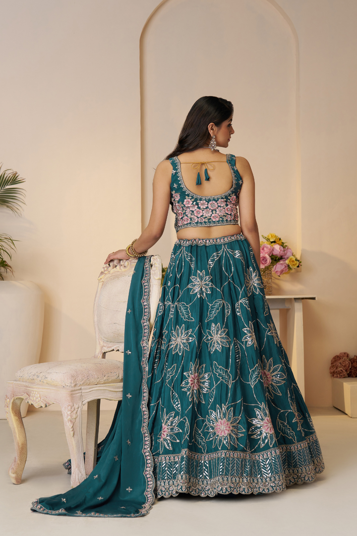 Blue Bridesmaid Lehenga with Sequin Shine and Floral Embellishments - qivii