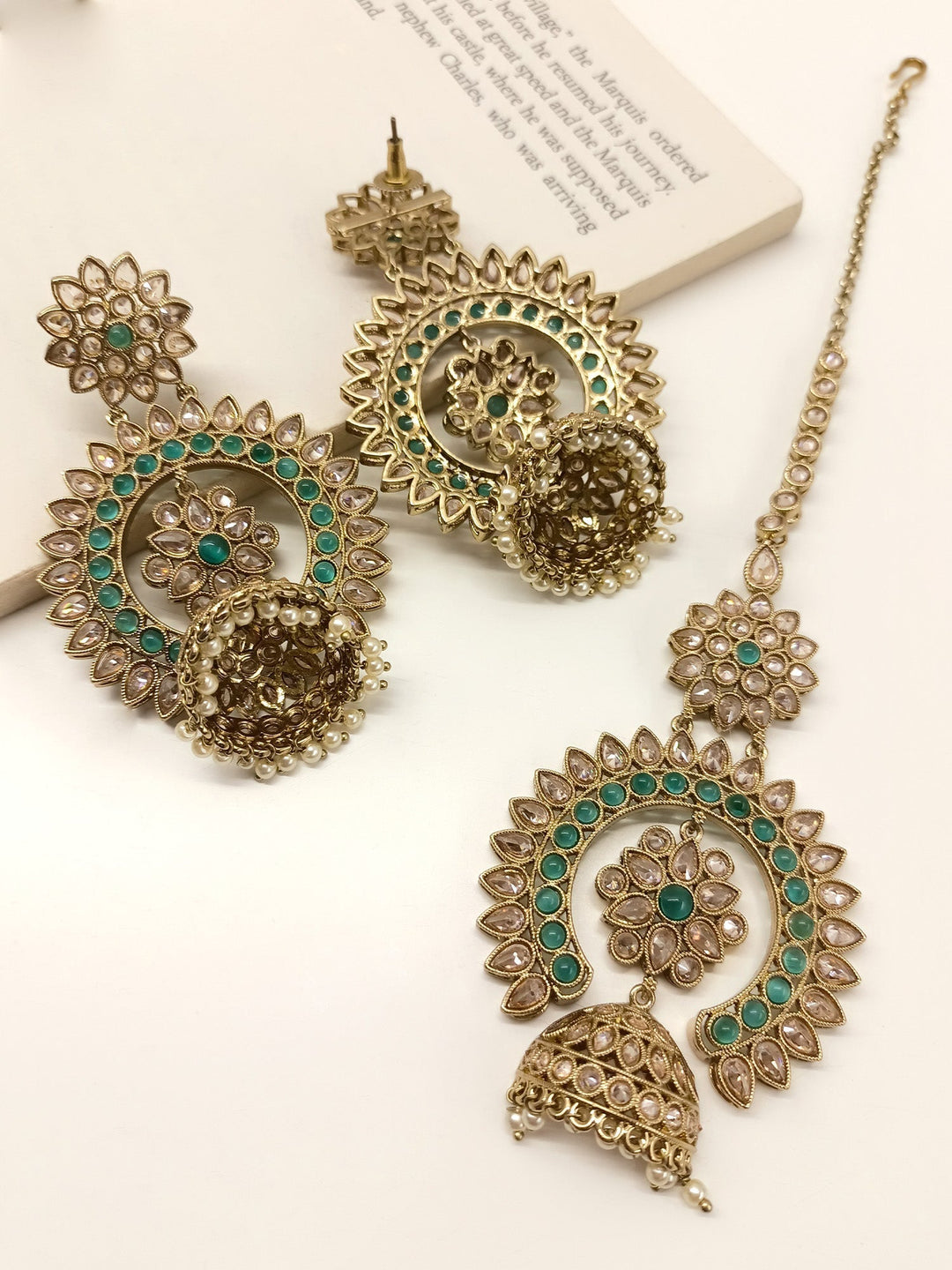 Ekiya Green Polki Jhumki With Teeka - qivii