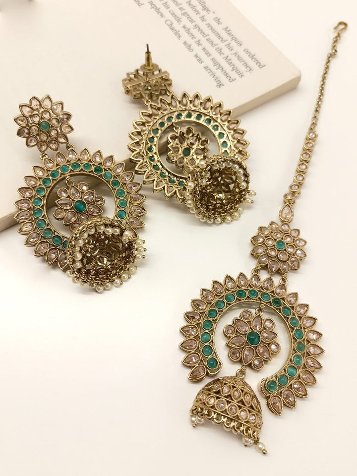 Ekiya Green Polki Jhumki With Teeka - qivii