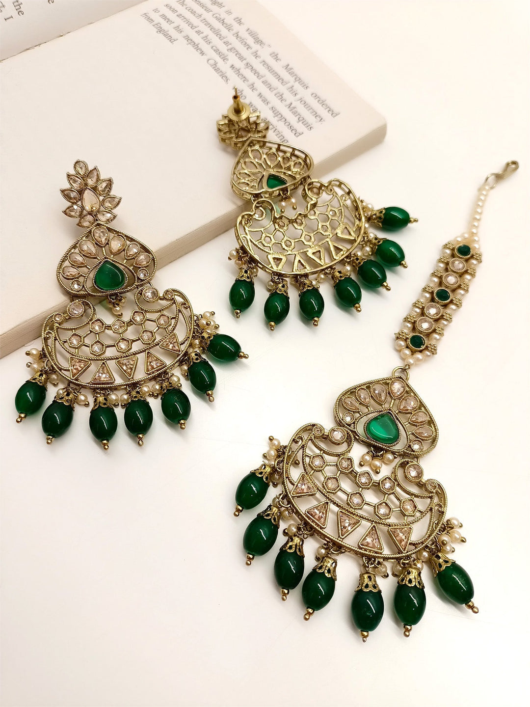 Umrao Green Polki Earrings With Teeka - qivii