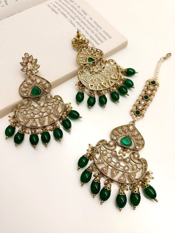 Umrao Green Polki Earrings With Teeka - qivii