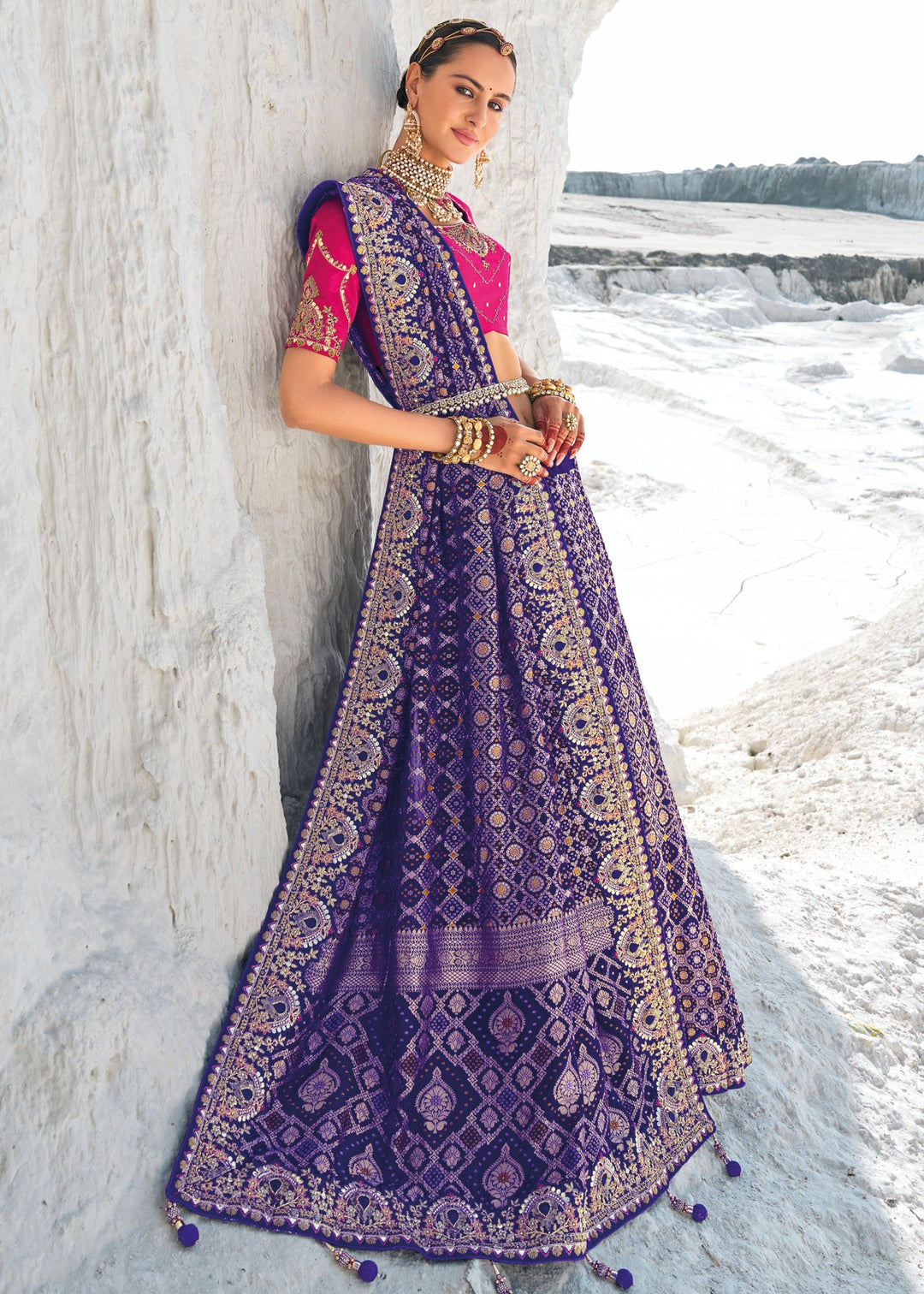 Berry Blue Pure Georgette Bandhani Patola With Zari Weaving Heavy Work Saree - qivii