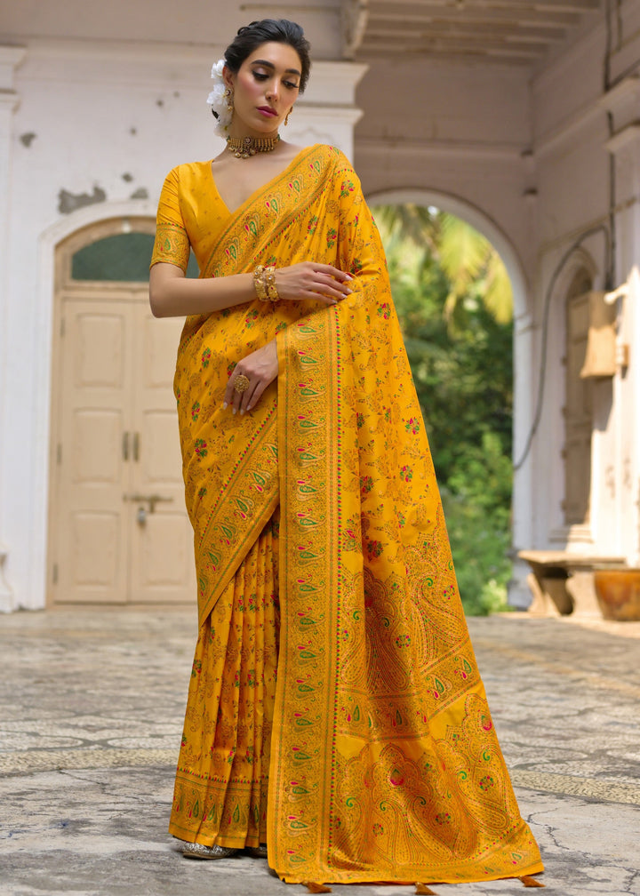 Yellow Thread Woven Jal & Flower Silk Saree With Thread Woven Pallu - qivii