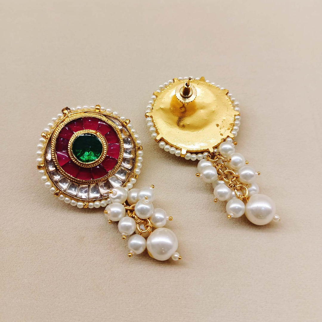 Exquisite Karuna Rose Pink & Green Gold Plated Kundan Earrings featuring Traditional Kundan And Ruby Stones Tops And Small Beads Pearls Ling Along With Pearls Hangings - Gold Plated Brass Metal With Kundan Stones And Pearls