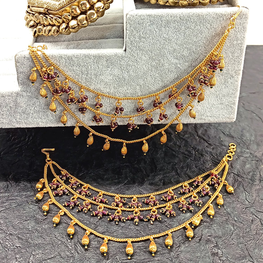 Tanishq Maroon & Green Antique Gold Ear Chain - qivii