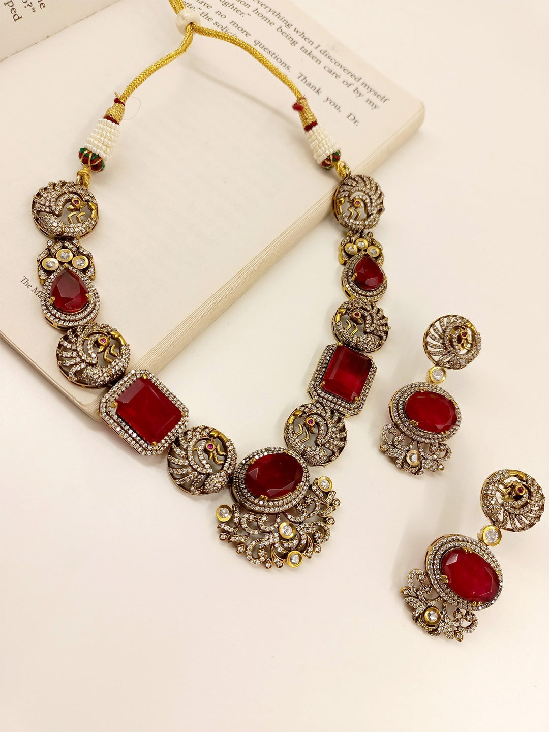 Timeless and elegant Maroon Victorian Necklace Set with American Diamond Setting