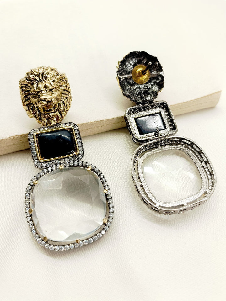  Elegant and timeless black Victorian earrings with traditional lion motifs and American diamond setting 