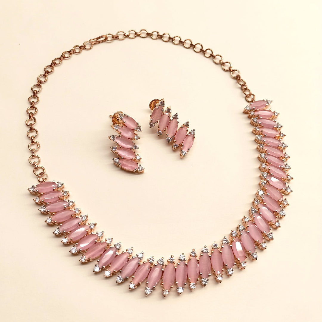  Complete American diamond and fancy cut pink stone neckline set