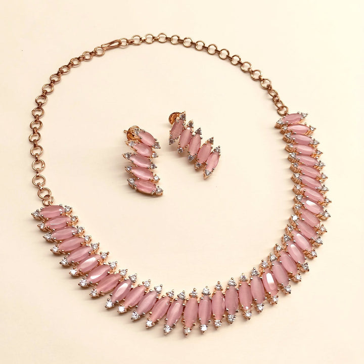  Complete American diamond and fancy cut pink stone neckline set