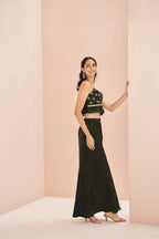 Black Art Silk Crop-Top With Handwork