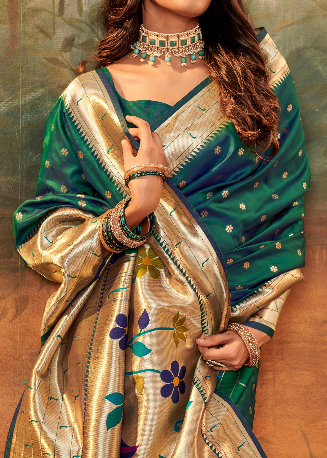 Dark Green Paithani Silk Saree With Zari Weaving - qivii