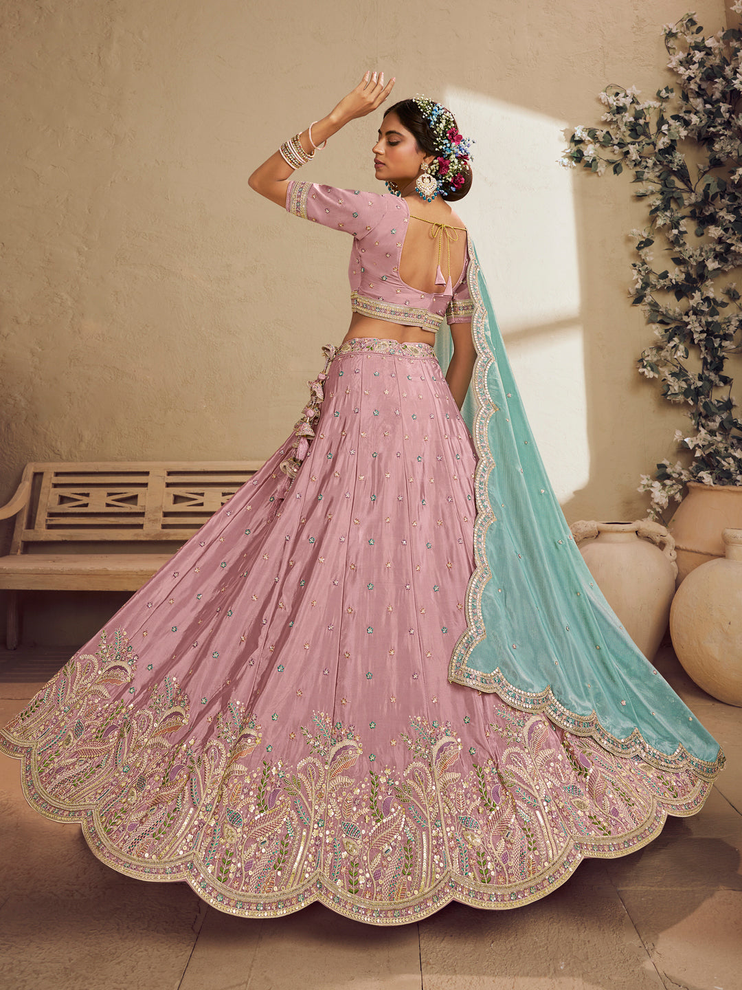 Pink Color Satin Silk Fabric Sequins embroidery Lehenga choli & Dupatta - qivii