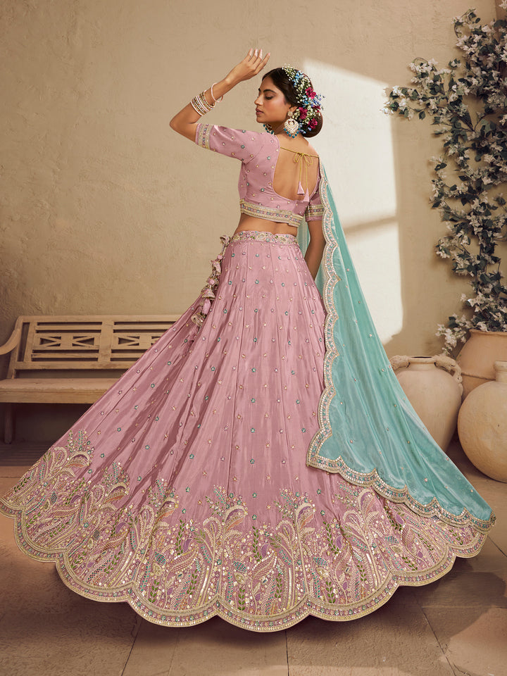 Pink Color Satin Silk Fabric Sequins embroidery Lehenga choli & Dupatta - qivii