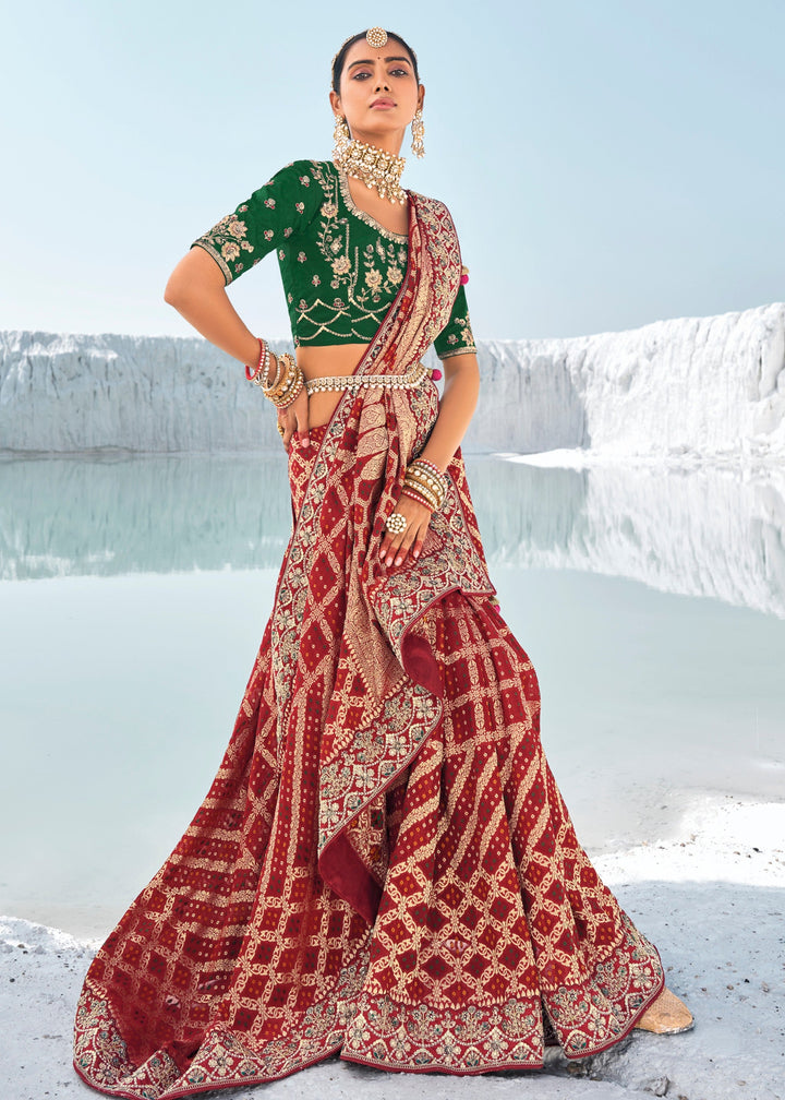 Maroon Pure Georgette Bandhani Patola With Zari Weaving Heavy Work Saree - qivii