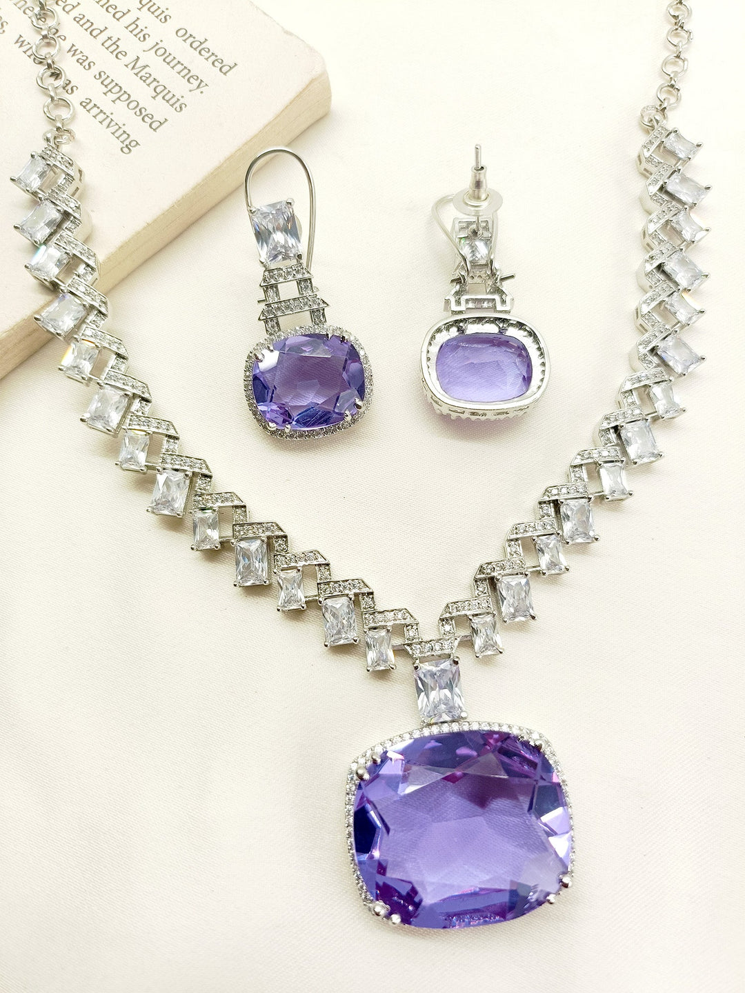 Zora Lavender American Diamond Necklace Set - qivii