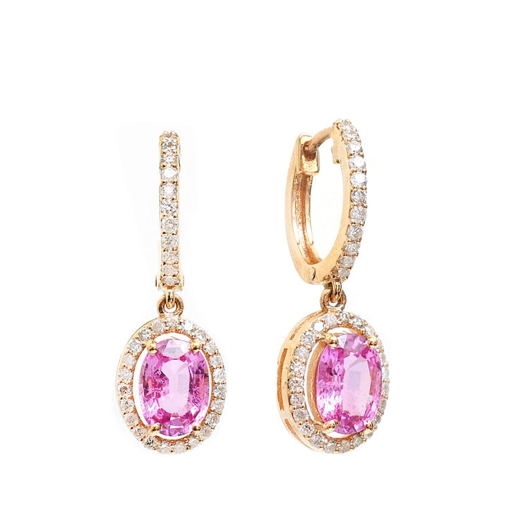 Pink Sapphire Oval Diamond Halo Drop Earrings - qivii