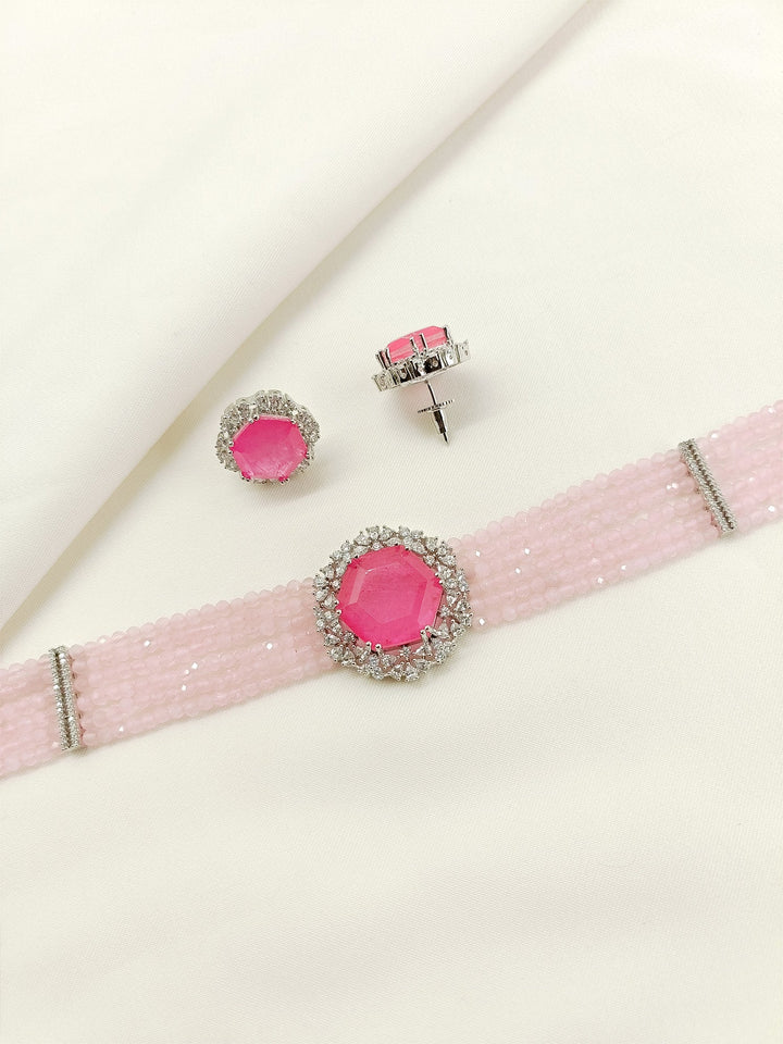 Ravee Baby Pink American Diamond Choker Set - qivii