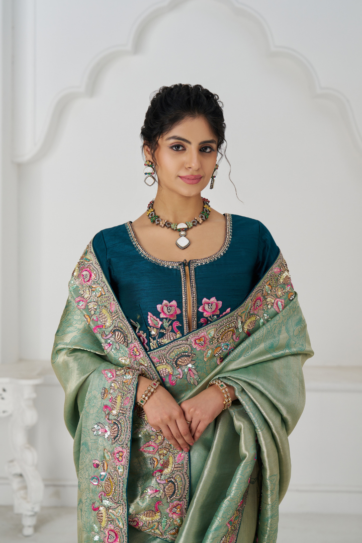 Trending Reception Green Color Saree With Multi-thread Embroidery - qivii