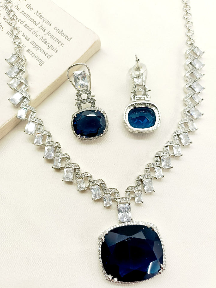 Kamia Navy Blue American Diamond Necklace Set - qivii