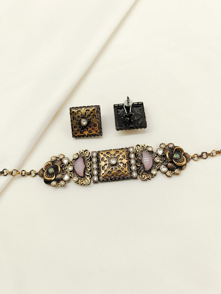 Neeshad Baby Pink Oxidized Choker Set - qivii