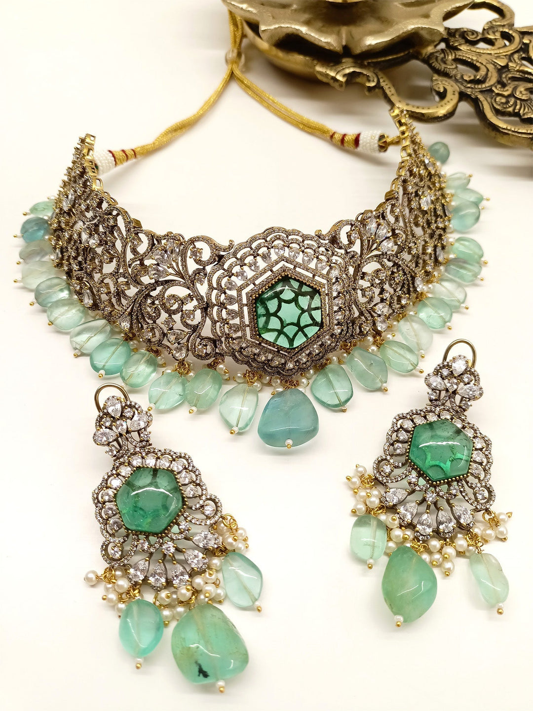 Exquisite Rajni Mint Green Polki Necklace Set with intricate detailing