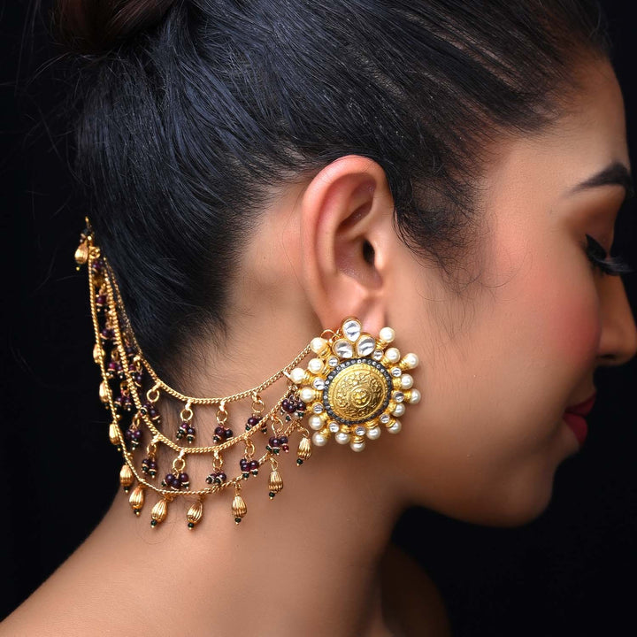 Tanishq Maroon & Green Antique Gold Ear Chain - qivii