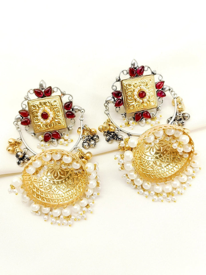 Gold plated brass metal jhumki with traditional designs and pearl hangings 
