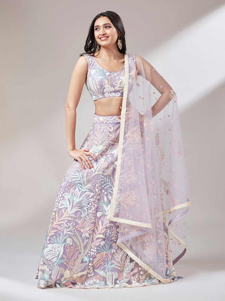 Lavender - Net Multi-Sequins Work Semi-Stitched Lehenga - qivii