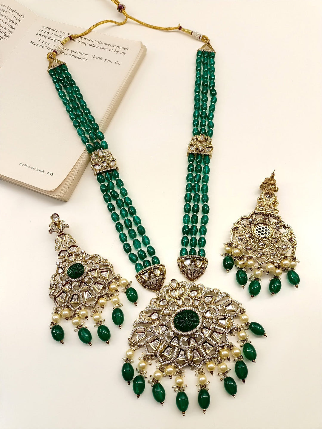  Sophisticated Accessory Long Necklace Set with Triple Layered Beads Chain and Green Carved Stone Center 
