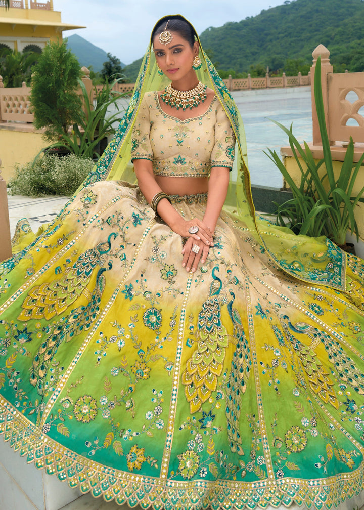 Green And White Banarasi Silk Lehenga With Heavy Embroidery Work | Ready To Wear - qivii