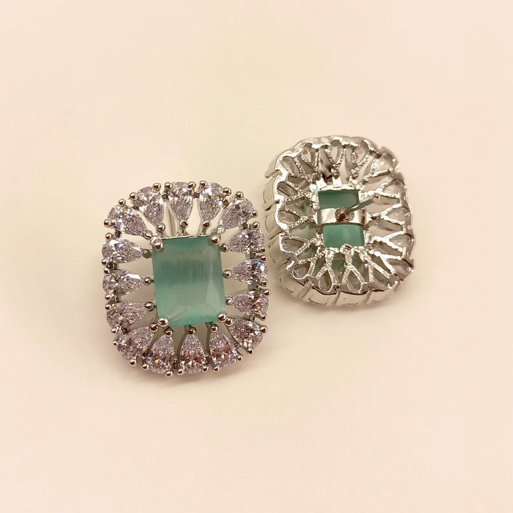  Elegant Mint Green Stone American Diamond Tops with Silver Plated Brass Metal 