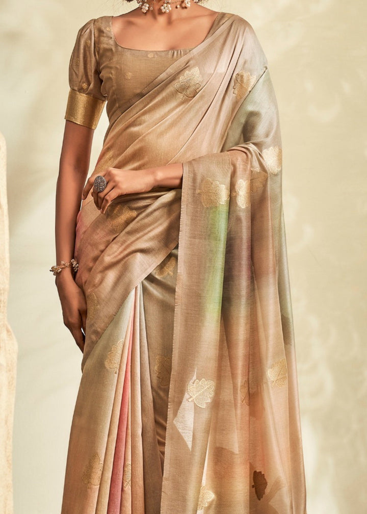Beige Golden Handloom Khadi Silk with Digital Print - qivii