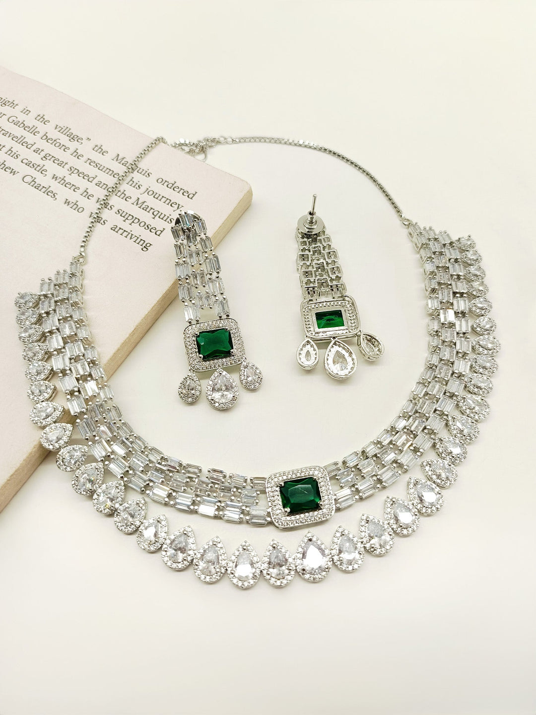 Shya Green Double Layer American Diamond Necklace Set - qivii