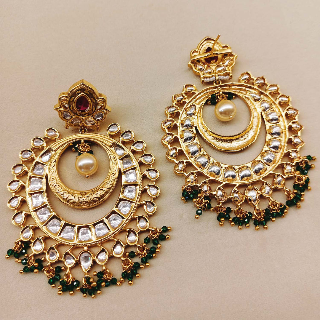 Manju Rose Pink & Green Gold Plated Kundan Earrings - qivii