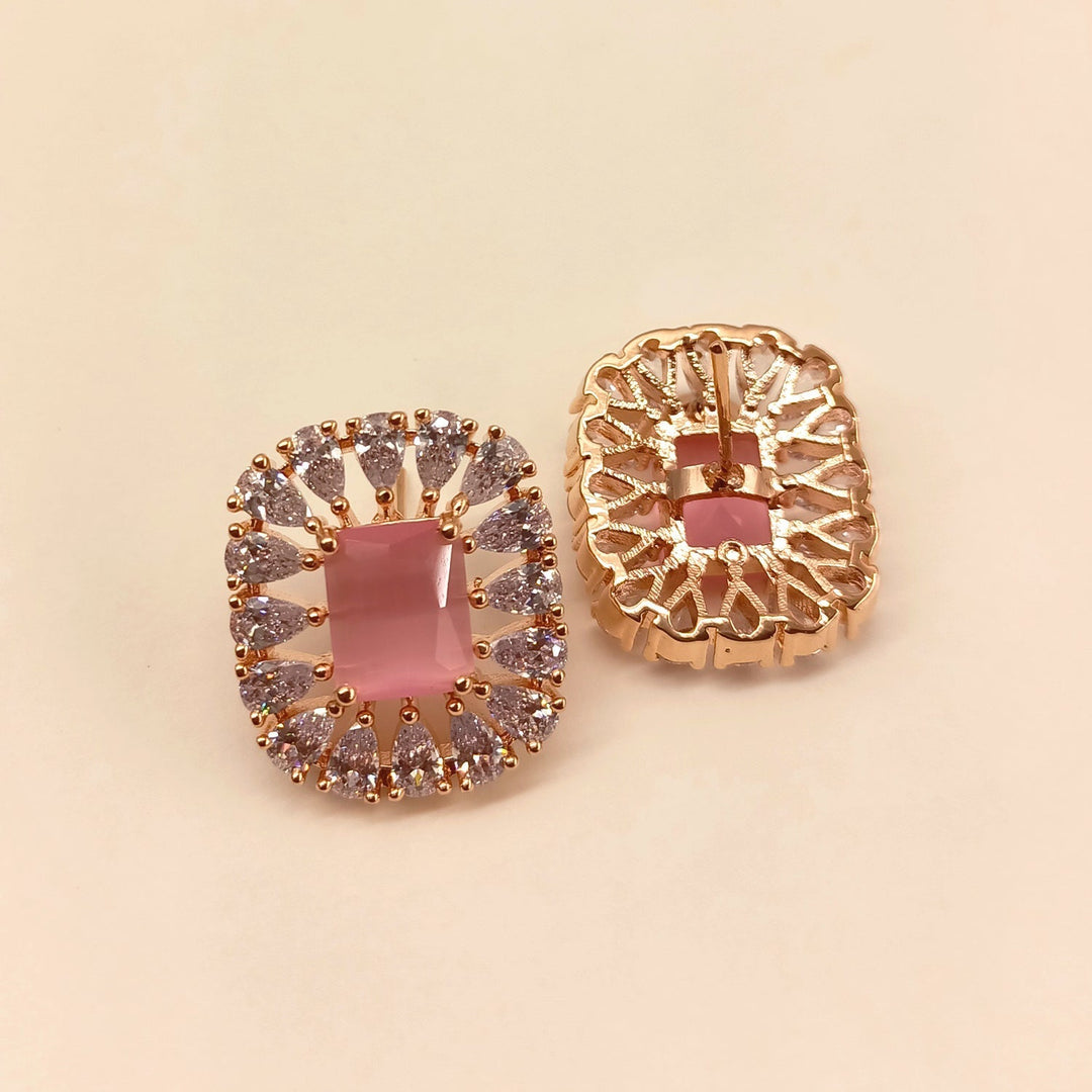 Chic Brass Metal Rose Gold Plated Tops with Semi Precious Baby Pink Stone