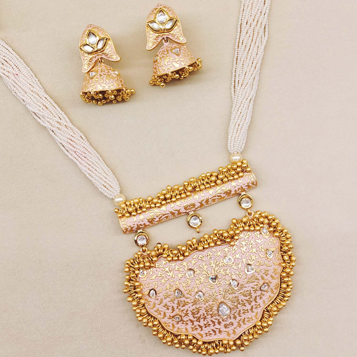  Naazneen Baby Pink Meenakari Pendant Set with Traditional Kundan Necklace and Gold Beads 