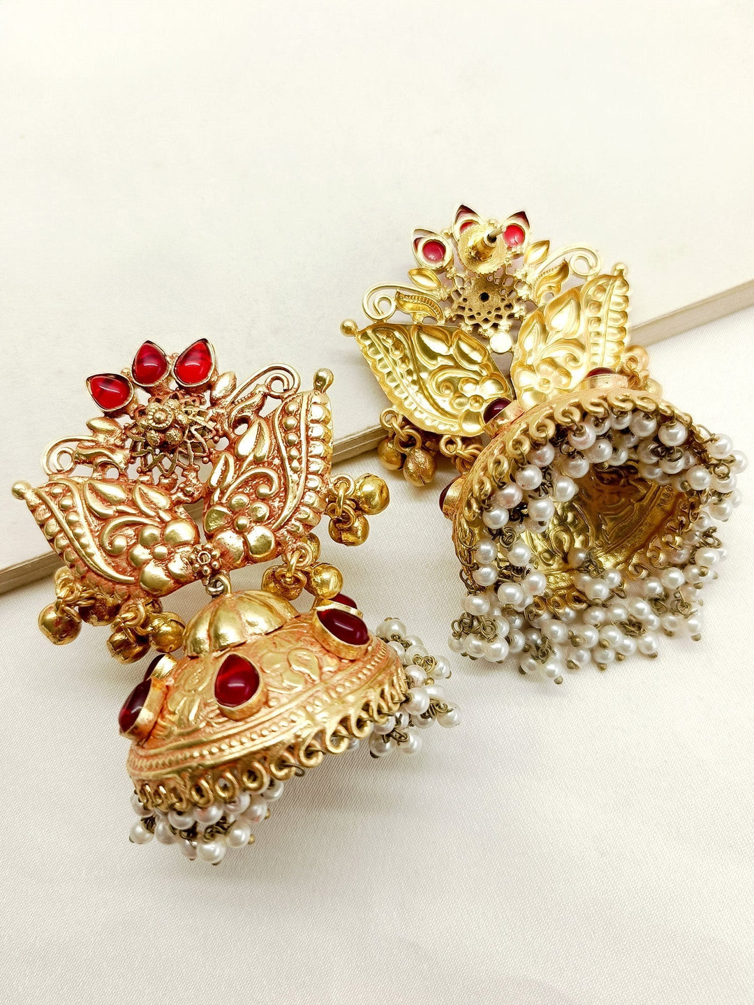 Gold plated antique temple jhumki earrings with Madhulata ruby stone
