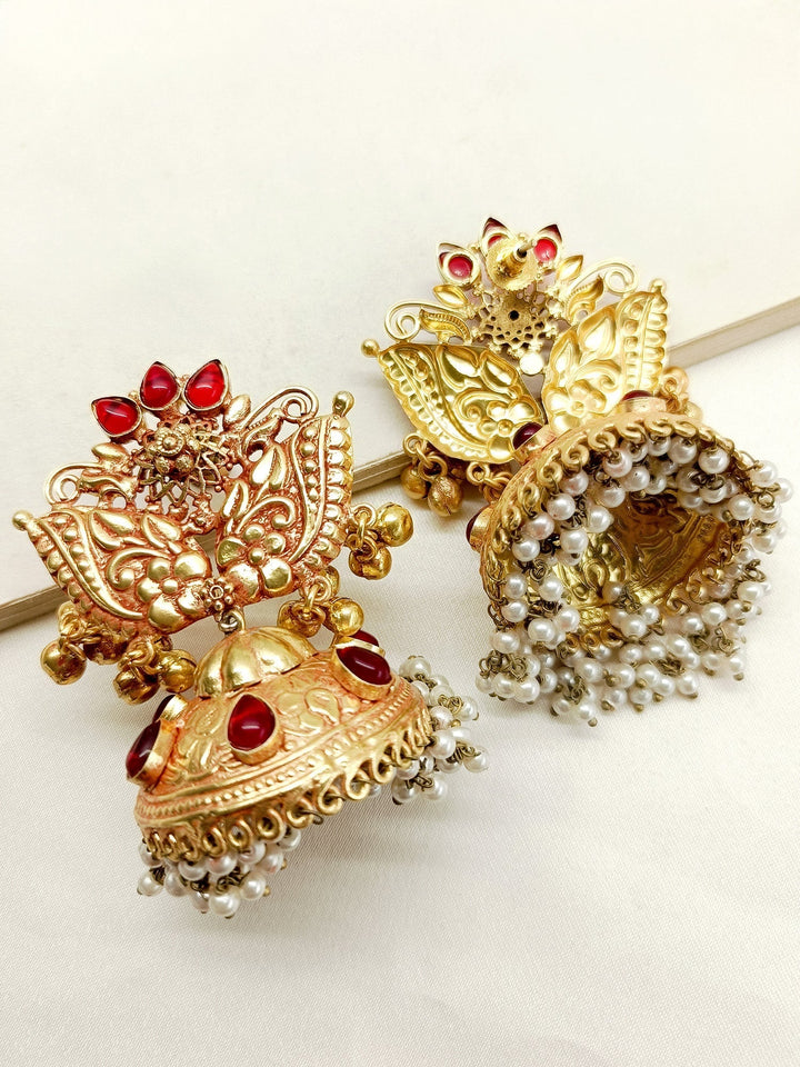 Gold plated antique temple jhumki earrings with Madhulata ruby stone