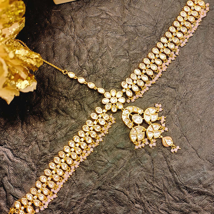 Mira Gold Plated Baby Pink Kundan Mathapatti - qivii